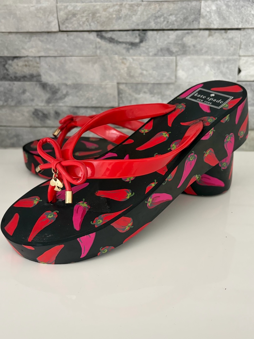 kate spade Black Platform Flip Flop Sandals with Red and Pink Pepper Print - Picture 8 of 10